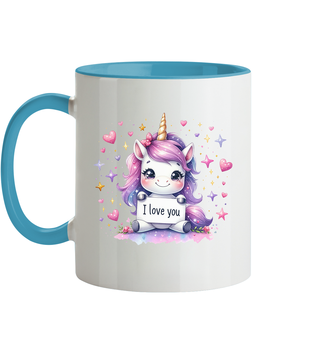 Süsses Einhorn mit I Love You Schild - Tasse zweifarbig