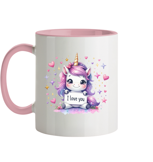 Süsses Einhorn mit I Love You Schild - Tasse zweifarbig