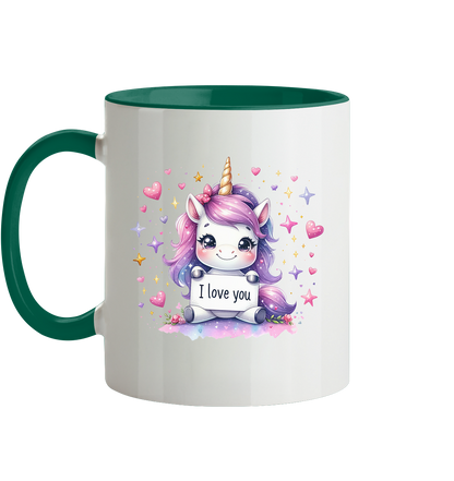 Süsses Einhorn mit I Love You Schild - Tasse zweifarbig