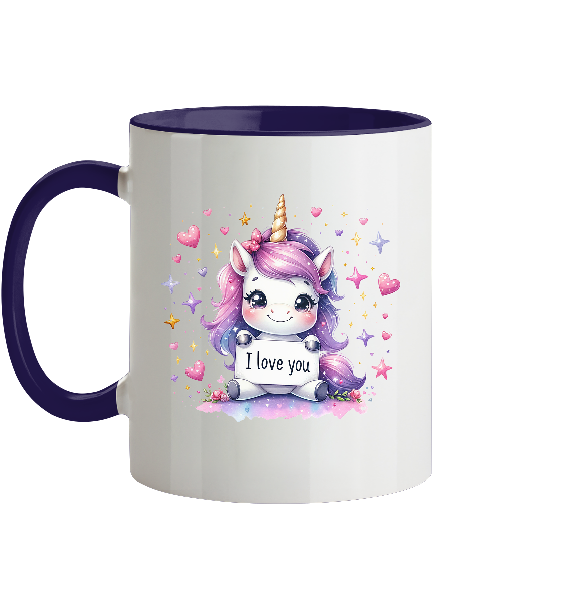 Süsses Einhorn mit I Love You Schild - Tasse zweifarbig