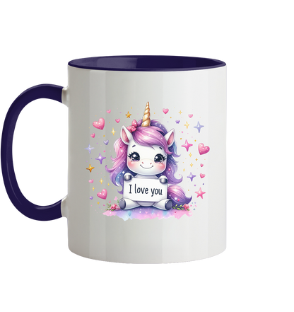 Süsses Einhorn mit I Love You Schild - Tasse zweifarbig