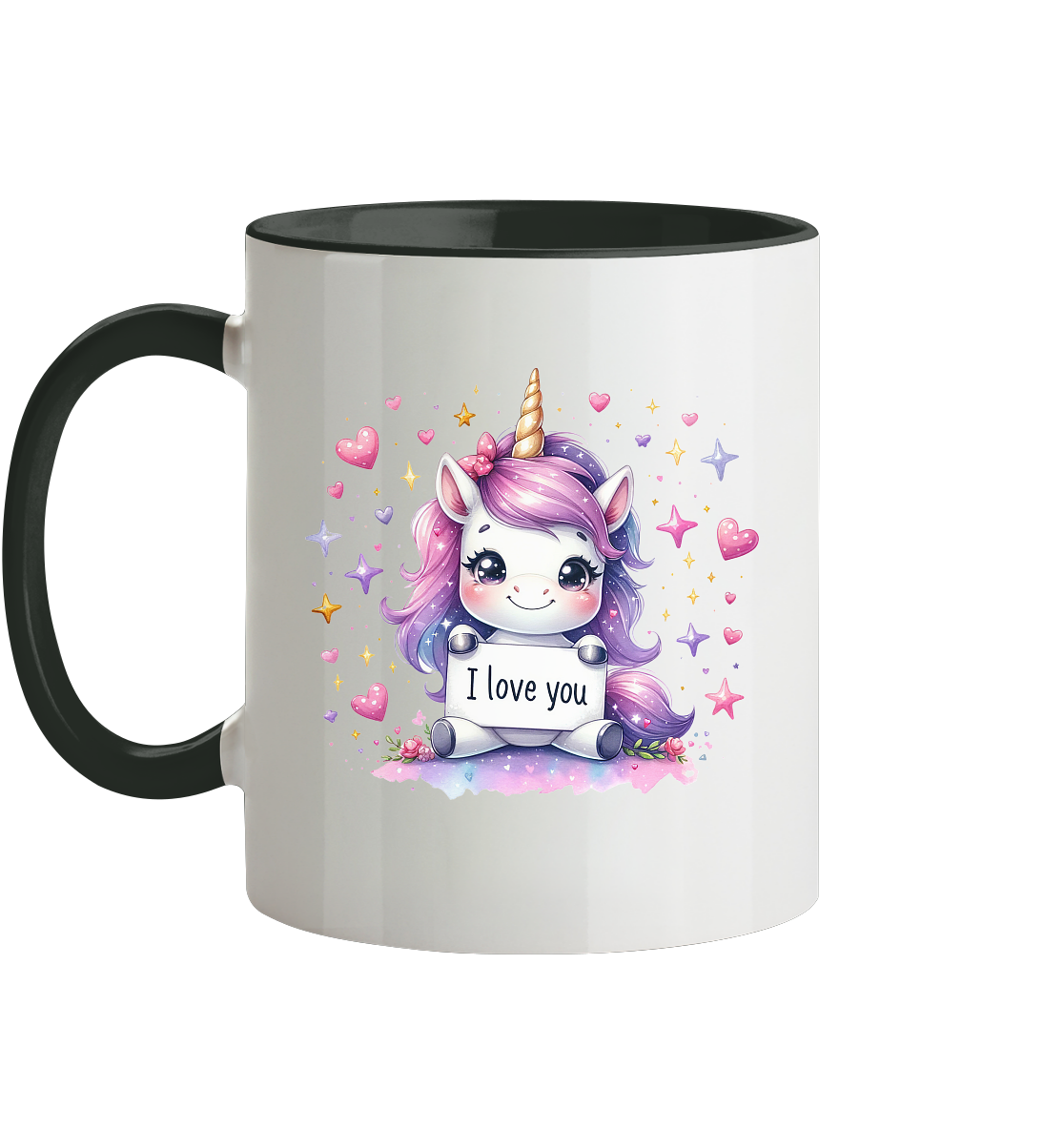 Süsses Einhorn mit I Love You Schild - Tasse zweifarbig