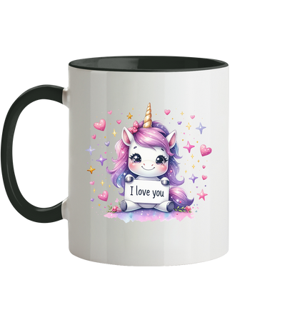 Süsses Einhorn mit I Love You Schild - Tasse zweifarbig