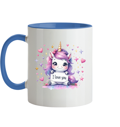 Süsses Einhorn mit I Love You Schild - Tasse zweifarbig