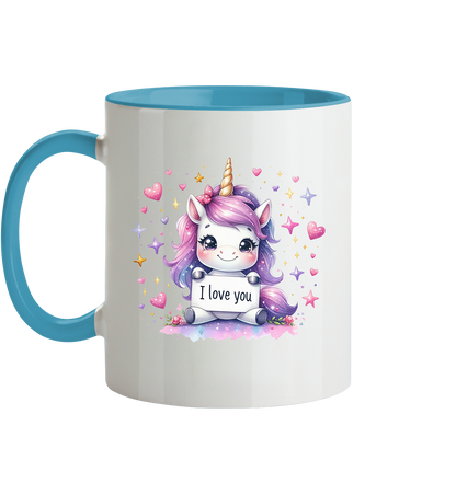 Süsses Einhorn mit I Love You Schild - Tasse zweifarbig