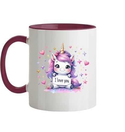 Süsses Einhorn mit I Love You Schild - Tasse zweifarbig