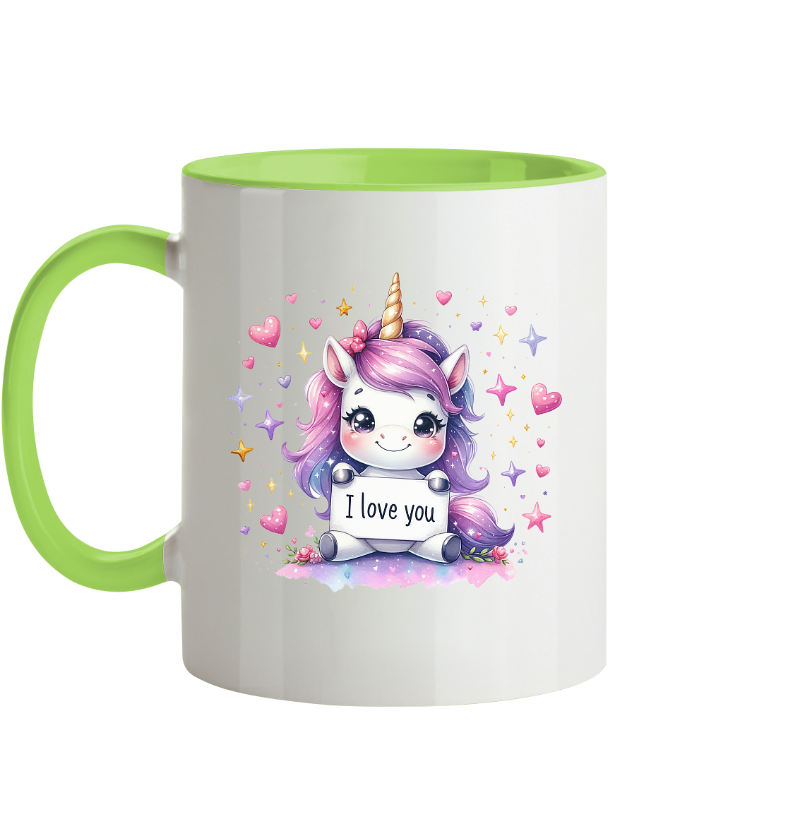 Süsses Einhorn mit I Love You Schild - Tasse zweifarbig