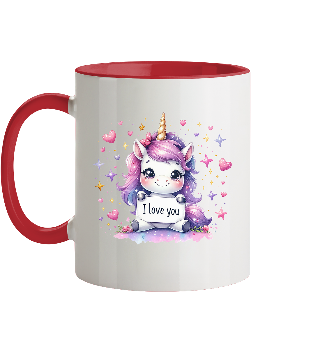 Süsses Einhorn mit I Love You Schild - Tasse zweifarbig