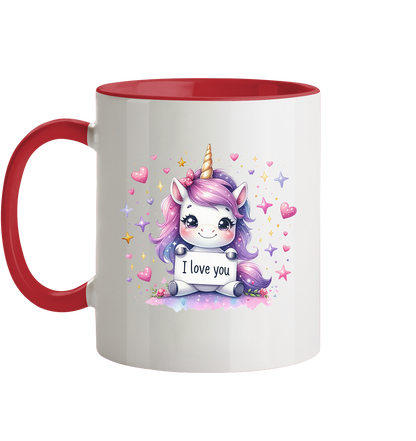 Süsses Einhorn mit I Love You Schild - Tasse zweifarbig
