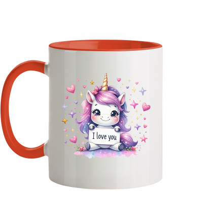 Süsses Einhorn mit I Love You Schild - Tasse zweifarbig