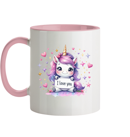 Süsses Einhorn mit I Love You Schild - Tasse zweifarbig