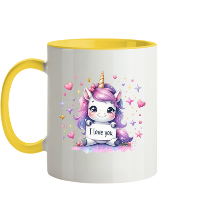 Süsses Einhorn mit I Love You Schild - Tasse zweifarbig