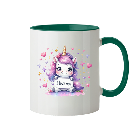 Süsses Einhorn mit I Love You Schild - Tasse zweifarbig