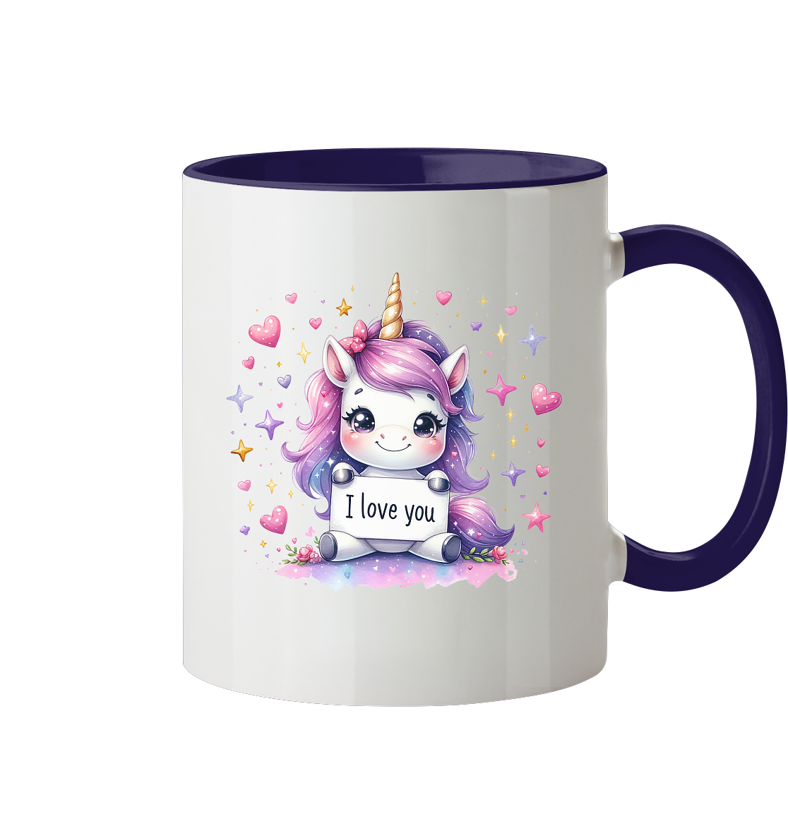 Süsses Einhorn mit I Love You Schild - Tasse zweifarbig