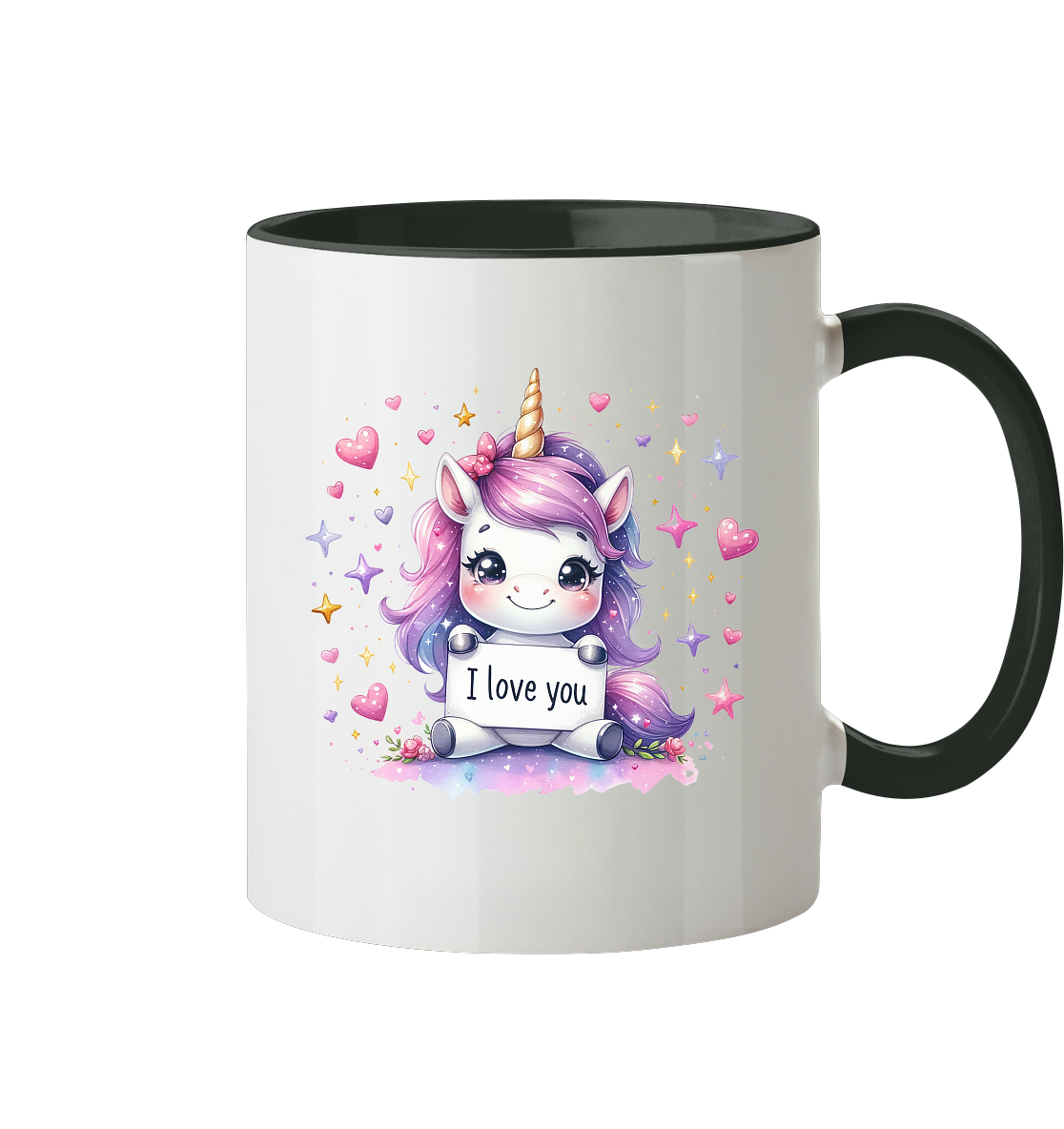 Süsses Einhorn mit I Love You Schild - Tasse zweifarbig