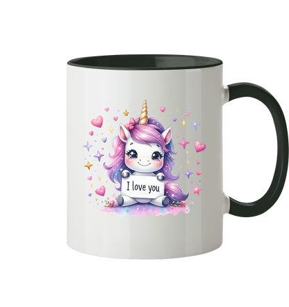 Süsses Einhorn mit I Love You Schild - Tasse zweifarbig