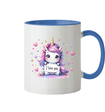 Süsses Einhorn mit I Love You Schild - Tasse zweifarbig