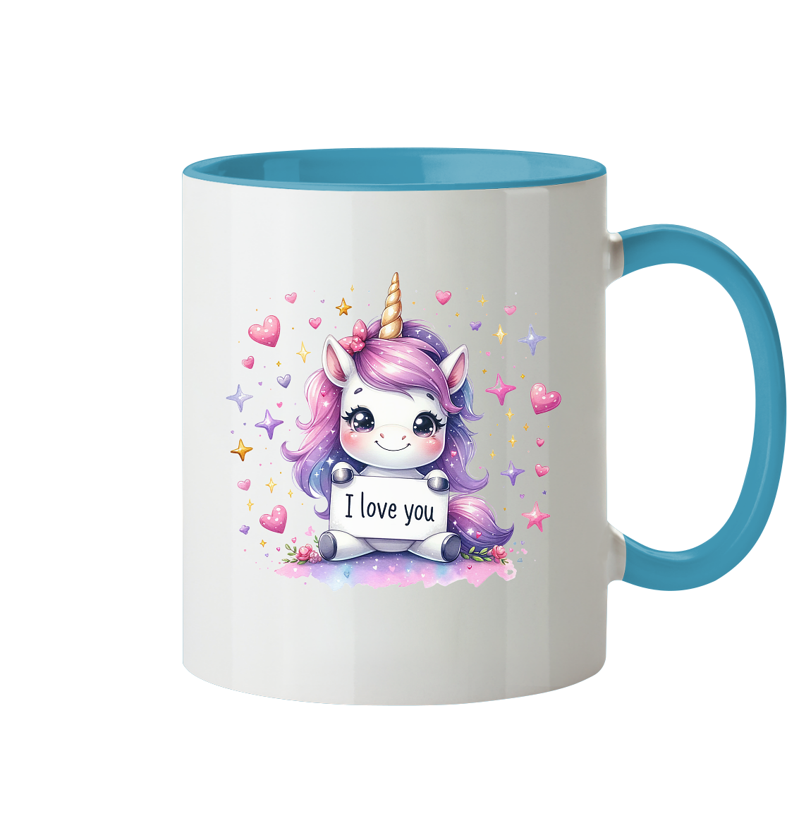 Süsses Einhorn mit I Love You Schild - Tasse zweifarbig