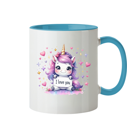 Süsses Einhorn mit I Love You Schild - Tasse zweifarbig