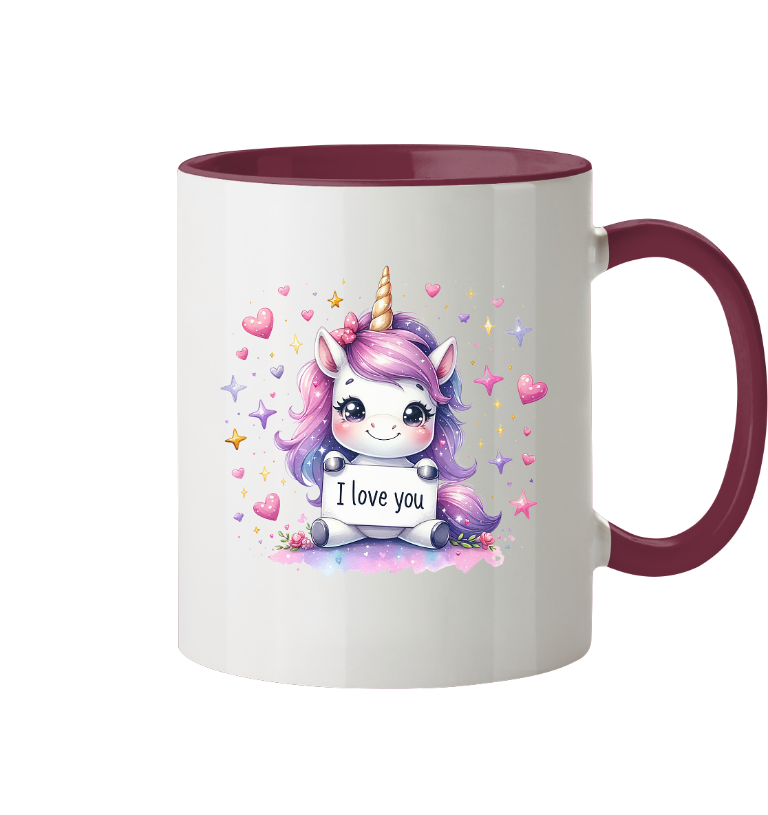 Süsses Einhorn mit I Love You Schild - Tasse zweifarbig