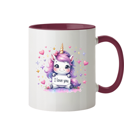 Süsses Einhorn mit I Love You Schild - Tasse zweifarbig