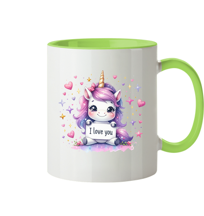 Süsses Einhorn mit I Love You Schild - Tasse zweifarbig