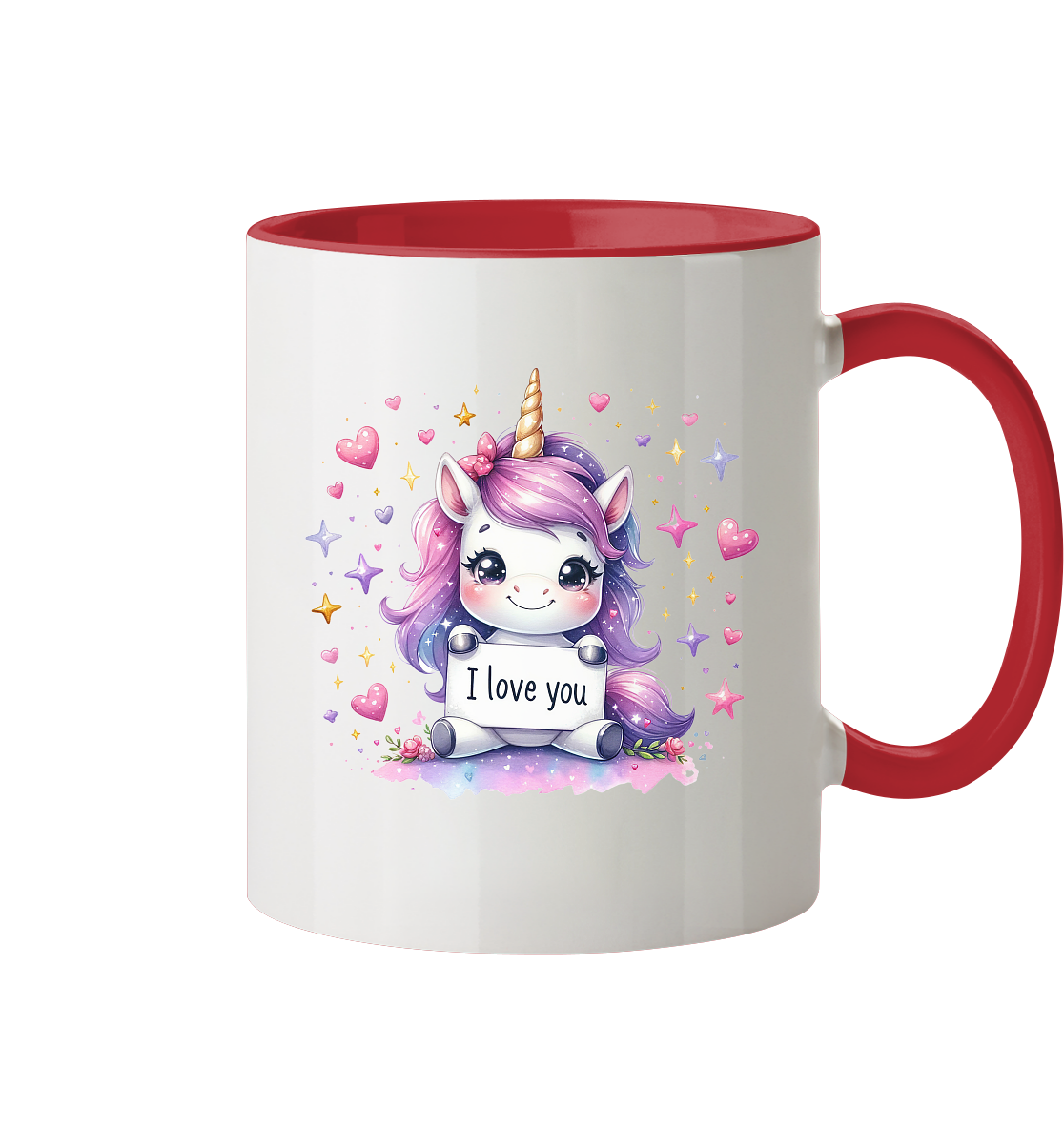 Süsses Einhorn mit I Love You Schild - Tasse zweifarbig
