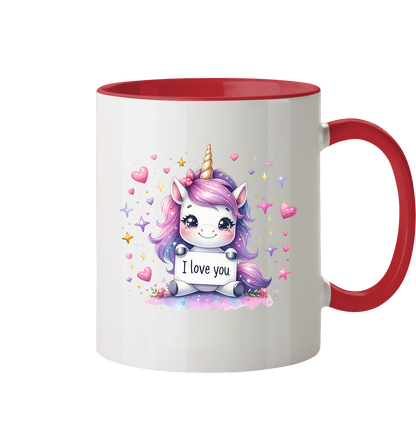 Süsses Einhorn mit I Love You Schild - Tasse zweifarbig