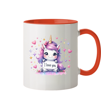 Süsses Einhorn mit I Love You Schild - Tasse zweifarbig