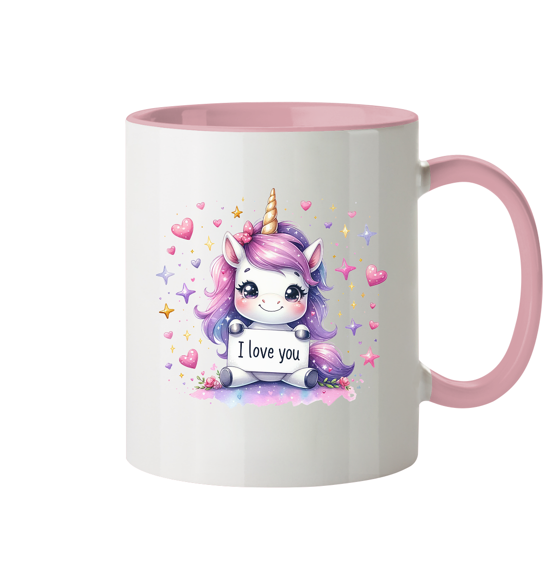 Süsses Einhorn mit I Love You Schild - Tasse zweifarbig