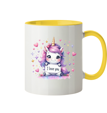 Süsses Einhorn mit I Love You Schild - Tasse zweifarbig